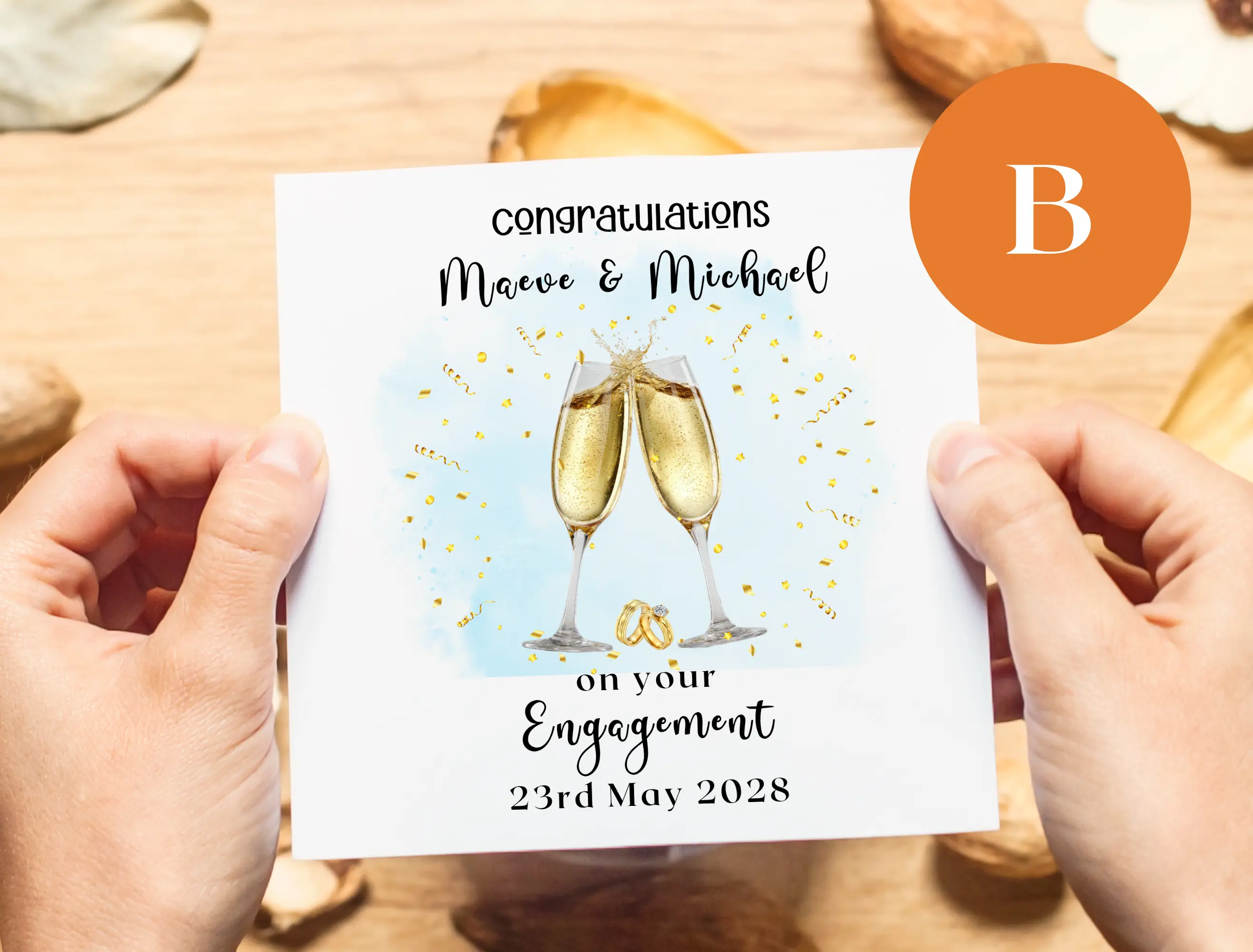 Personalised engagement card champagne glasses