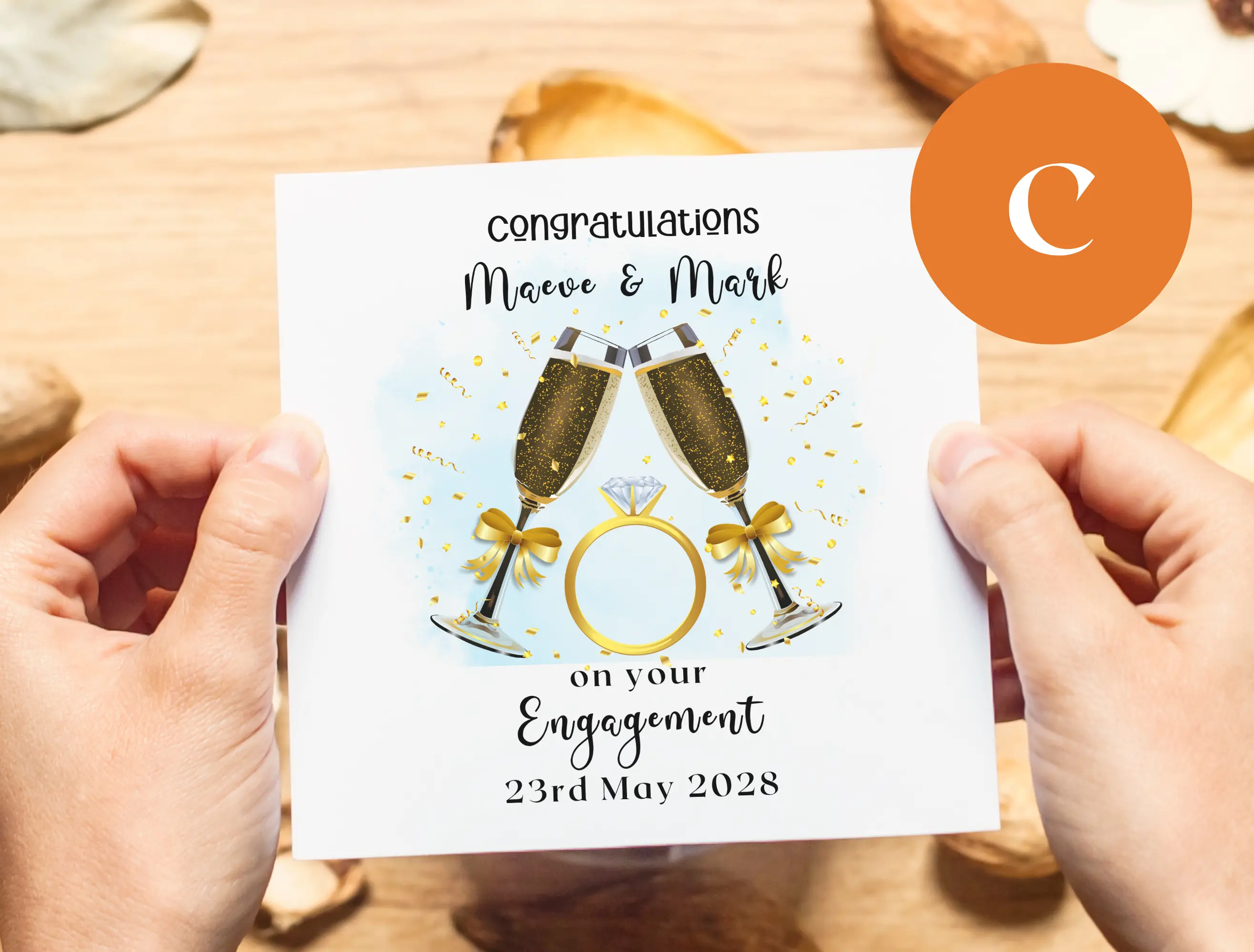 Personalised engagement card champagne glasses