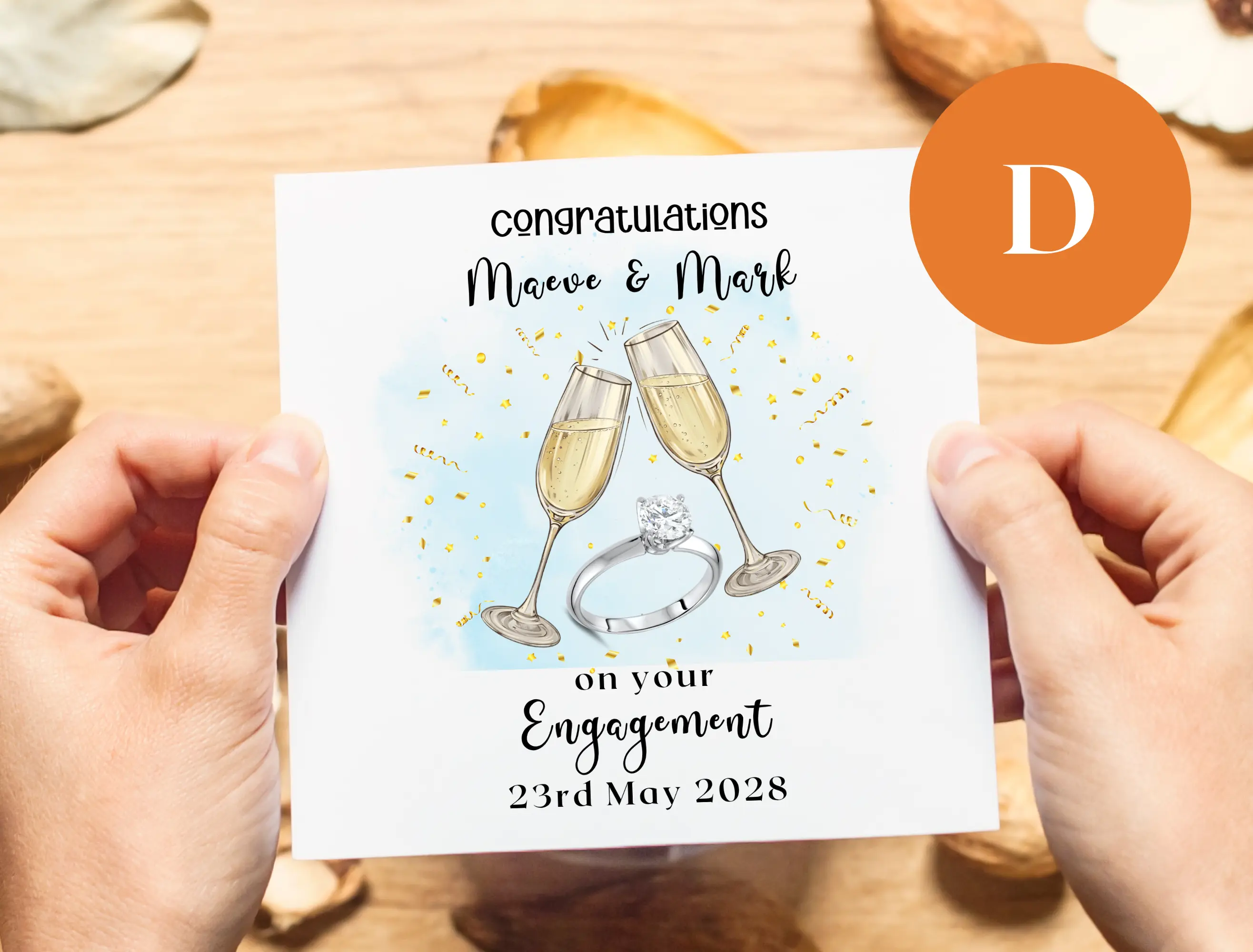 Personalised engagement card champagne glasses