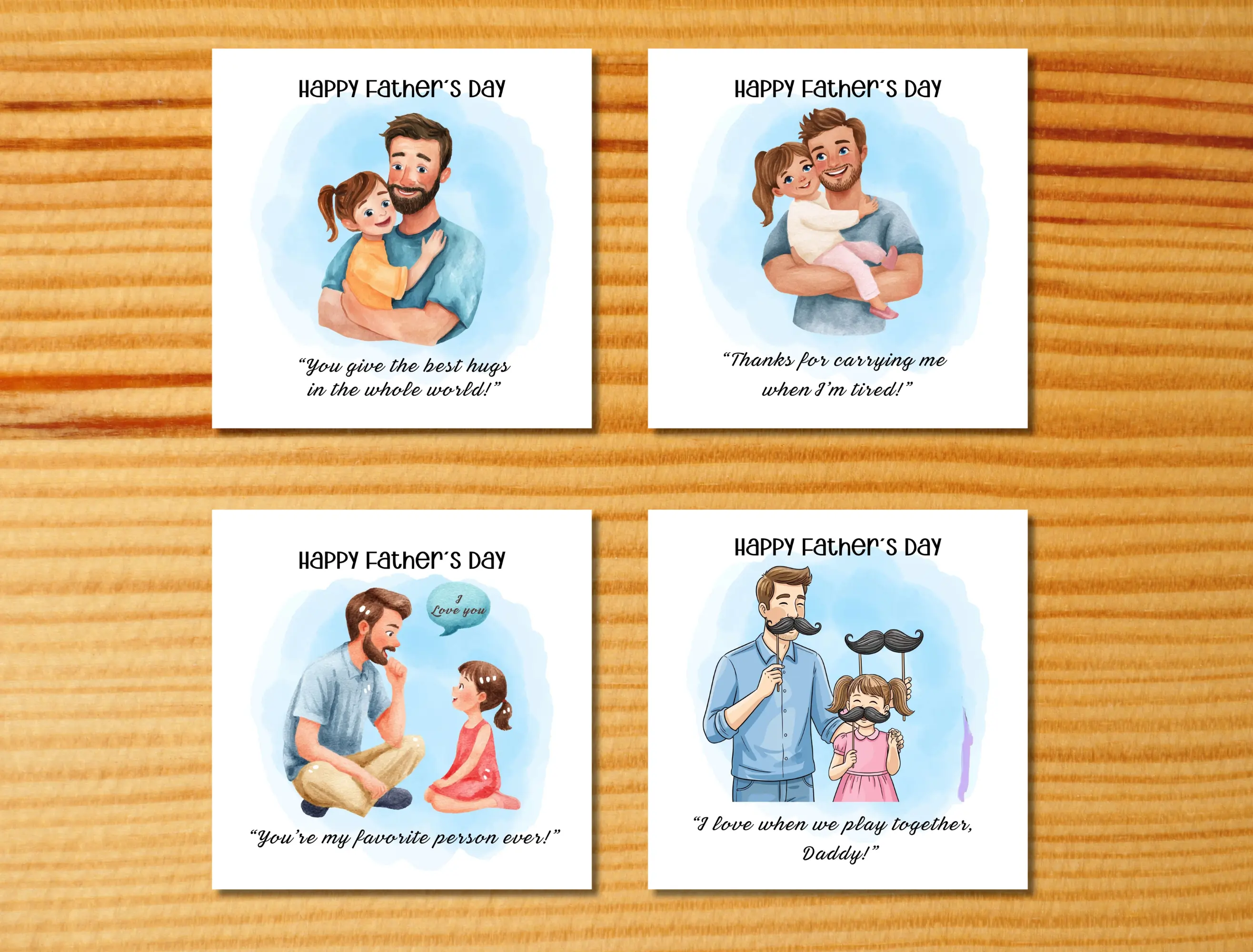 Happy fathers day card beard hugs carrying playing