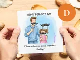 Happy fathers day card beard hugs carrying playing