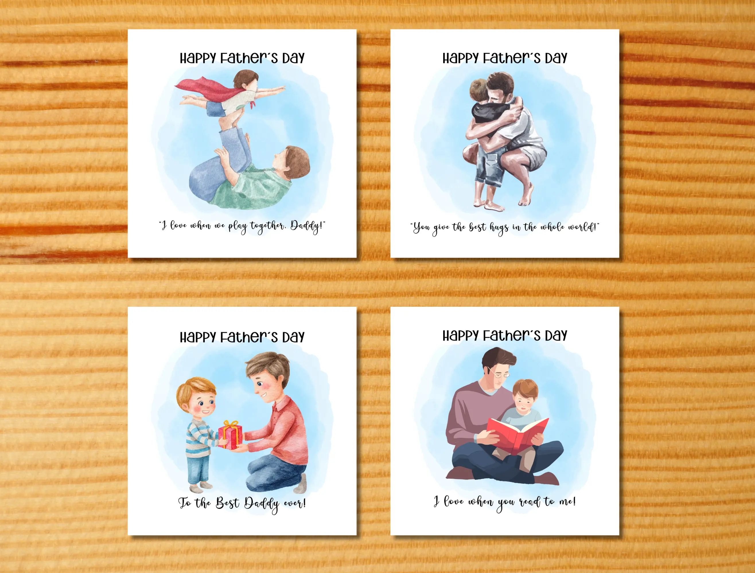 Happy fathers day card son playing hugs presents