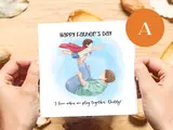 Happy fathers day card son playing hugs presents