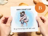 Happy fathers day card son playing hugs presents