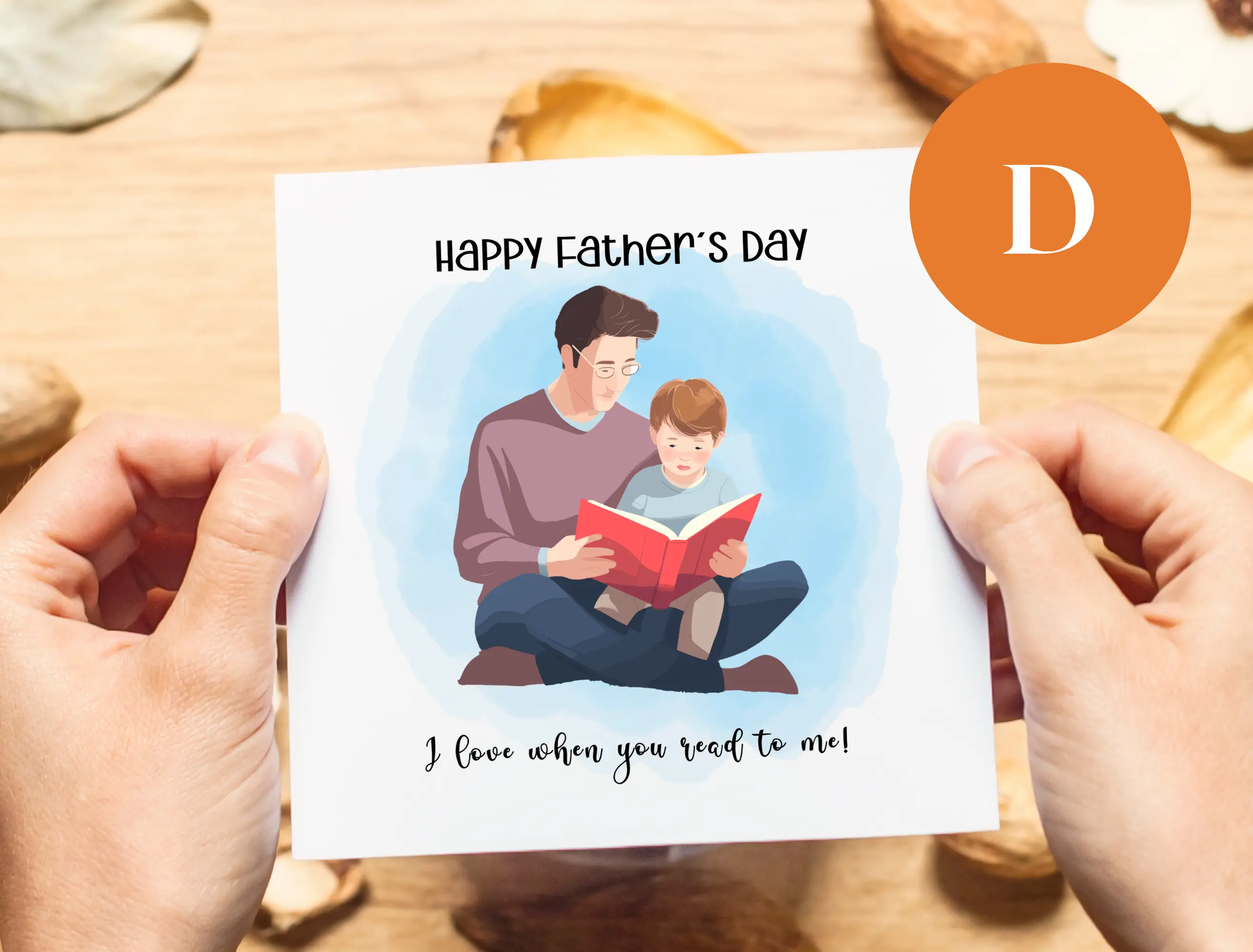 Happy fathers day card son playing hugs presents