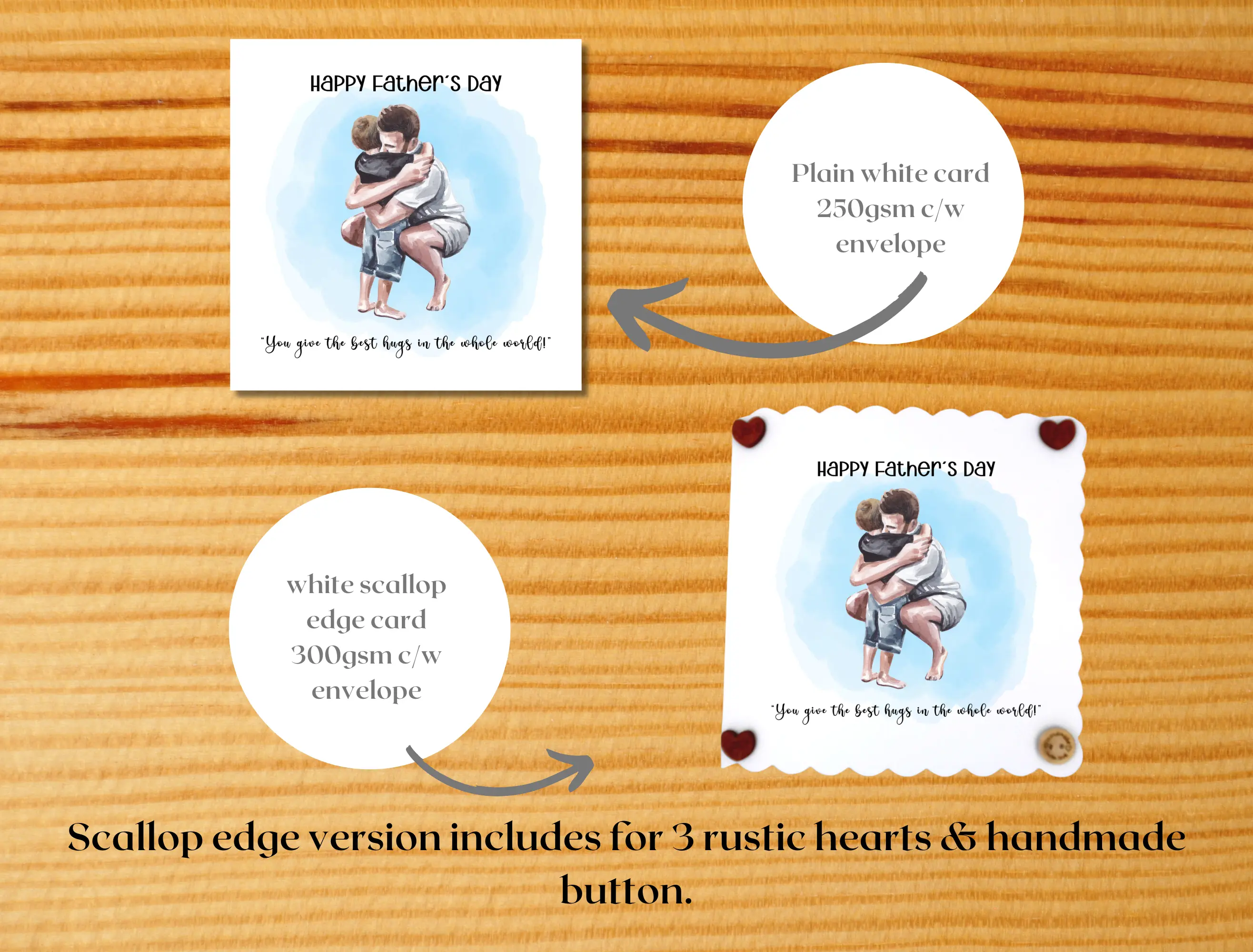 Happy fathers day card son playing hugs presents