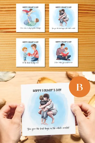 Happy fathers day card son playing hugs presents