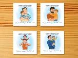 Happy fathers day greeting card son hugs shoulders playing