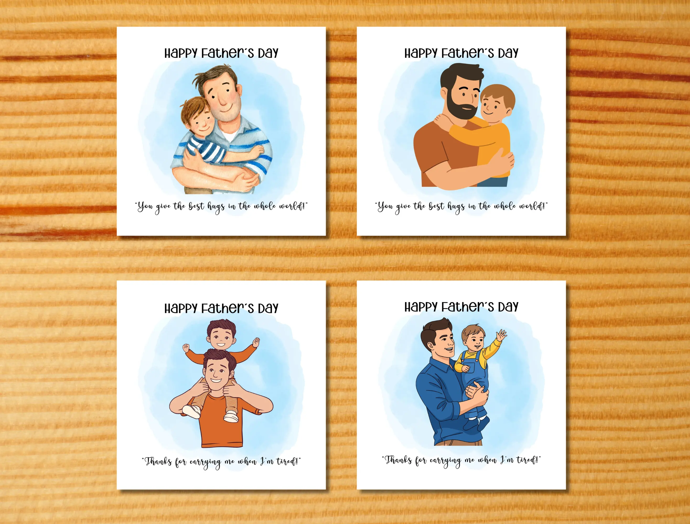Happy fathers day greeting card son hugs shoulders playing