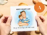 Happy fathers day greeting card son hugs shoulders playing