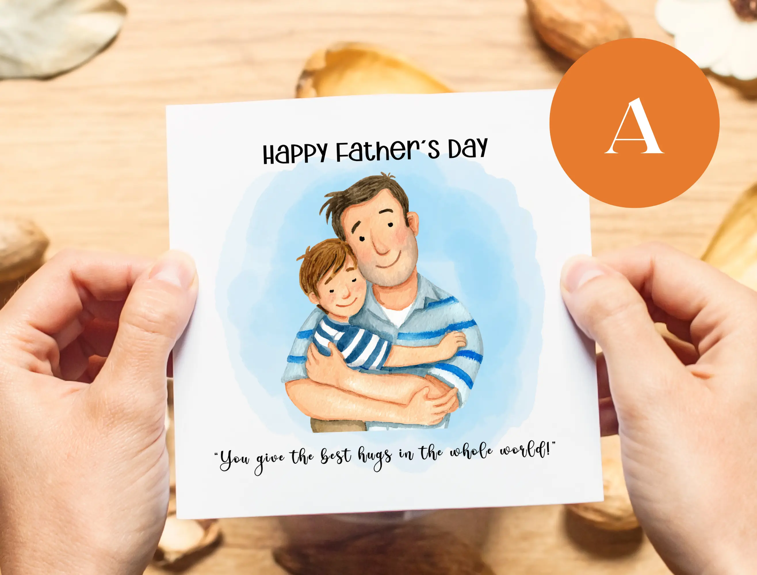 Happy fathers day greeting card son hugs shoulders playing