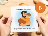 Happy fathers day greeting card son hugs shoulders playing