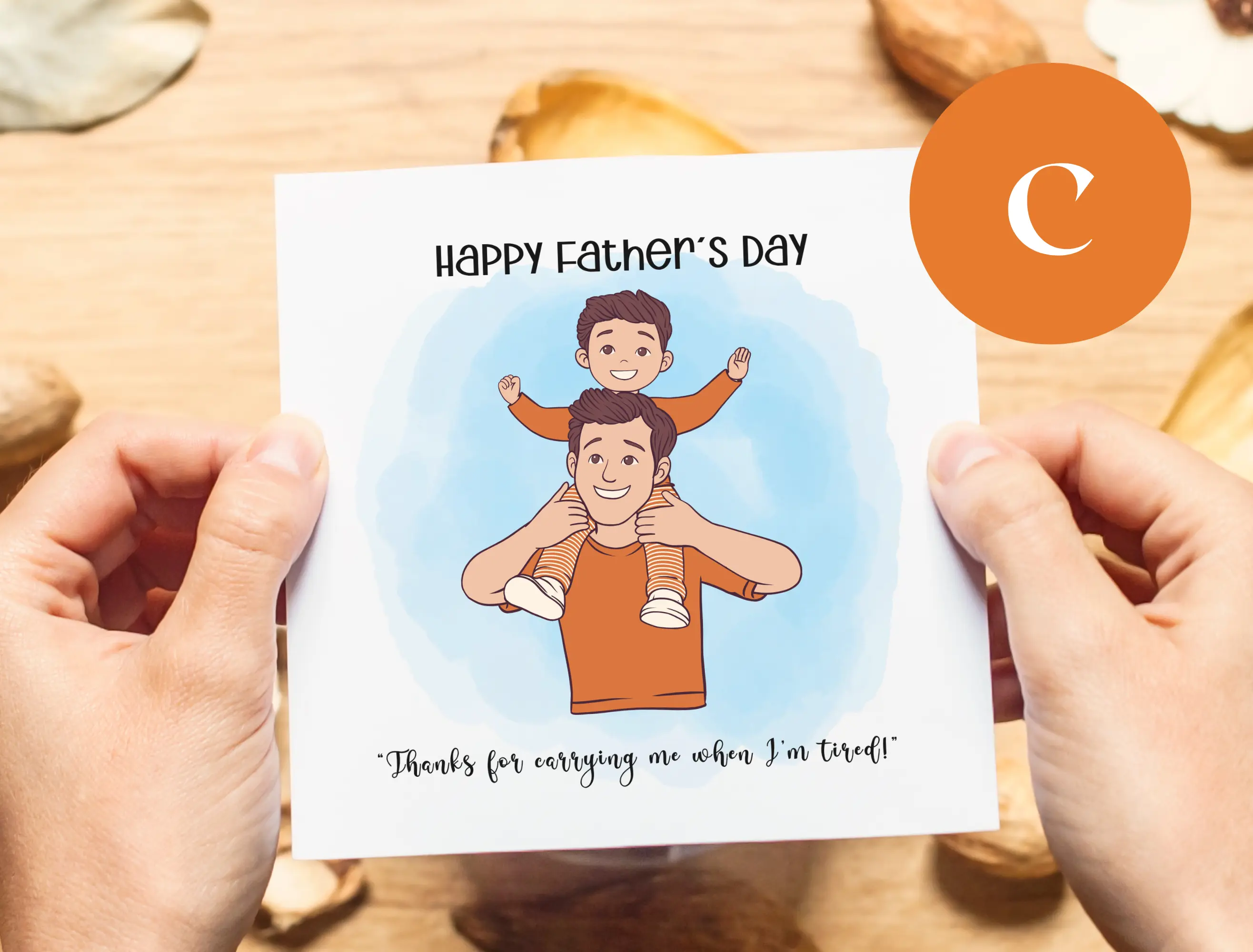 Happy fathers day greeting card son hugs shoulders playing