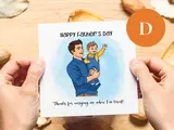 Happy fathers day greeting card son hugs shoulders playing