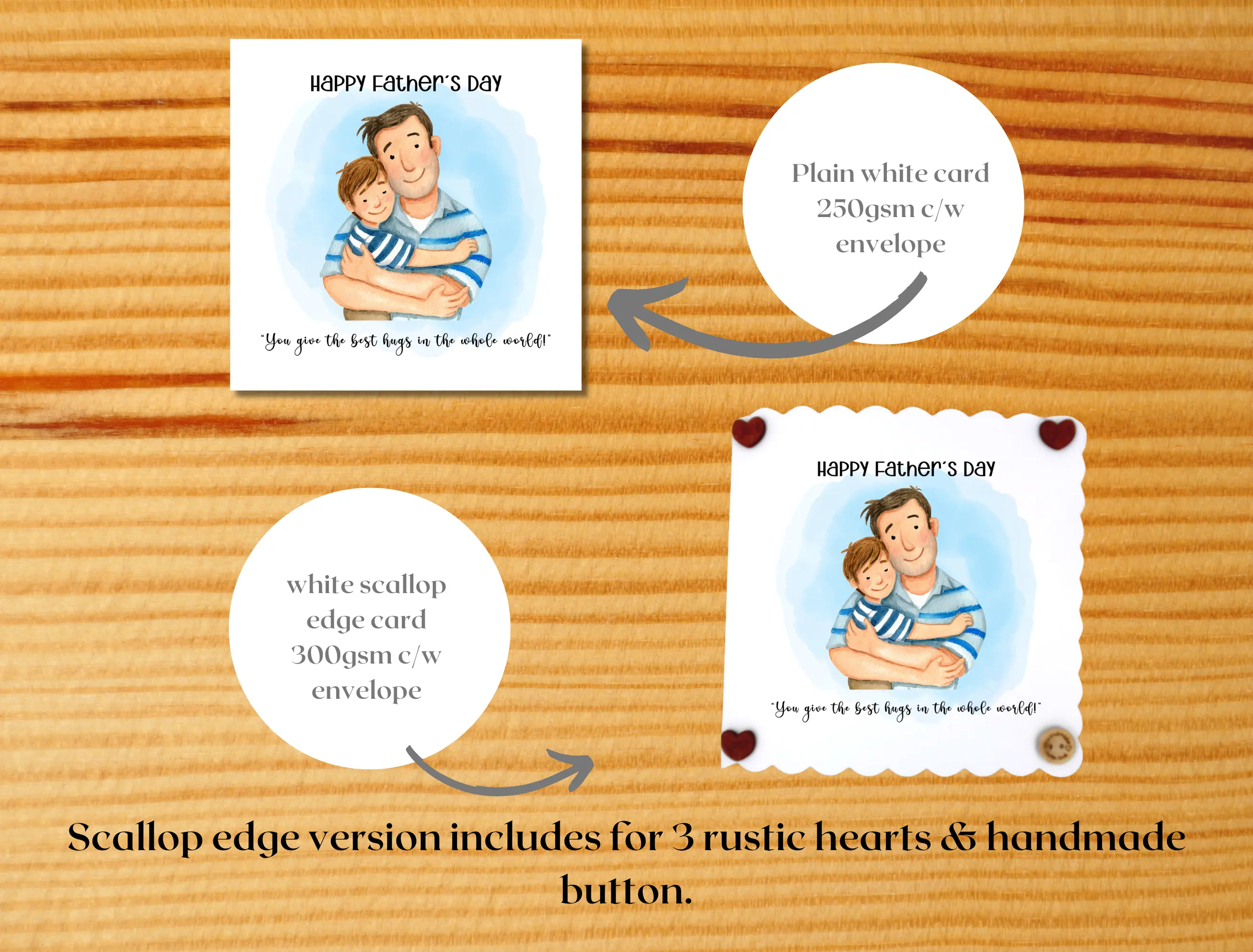 Happy fathers day greeting card son hugs shoulders playing