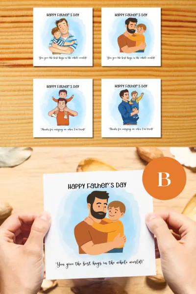 Happy fathers day greeting card son hugs shoulders playing
