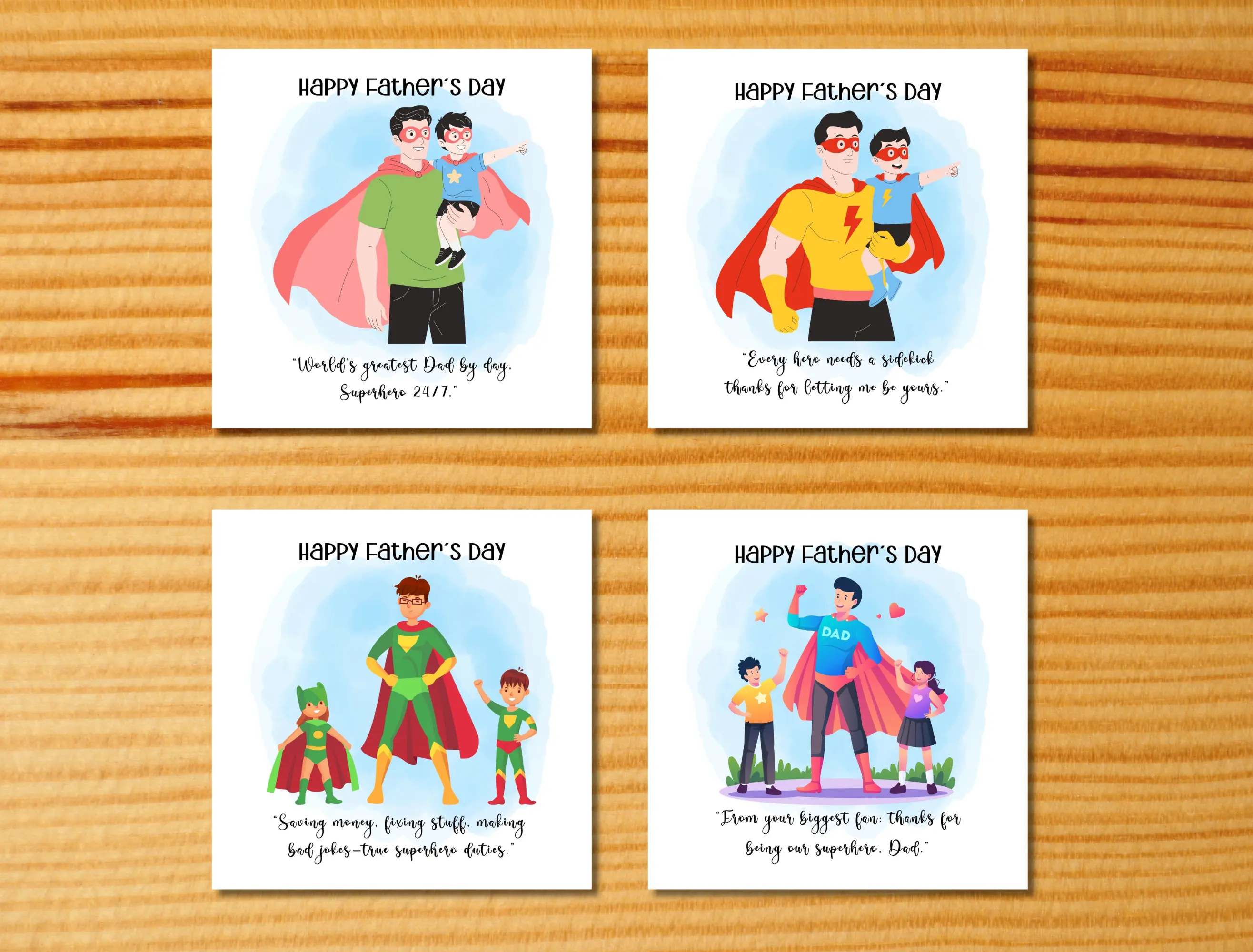 Happy fathers day greeting card son superhero sidekick