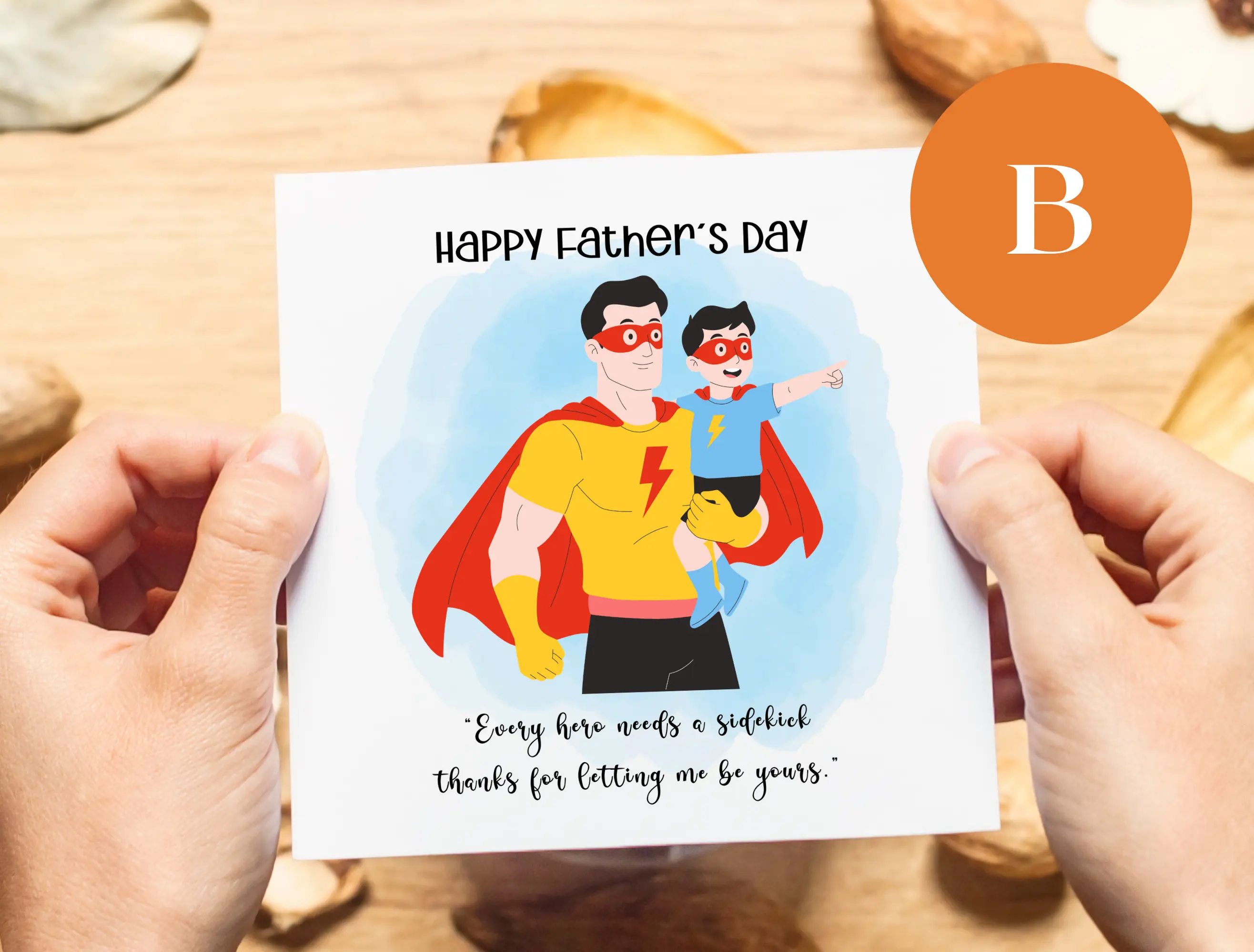 Happy fathers day greeting card son superhero sidekick