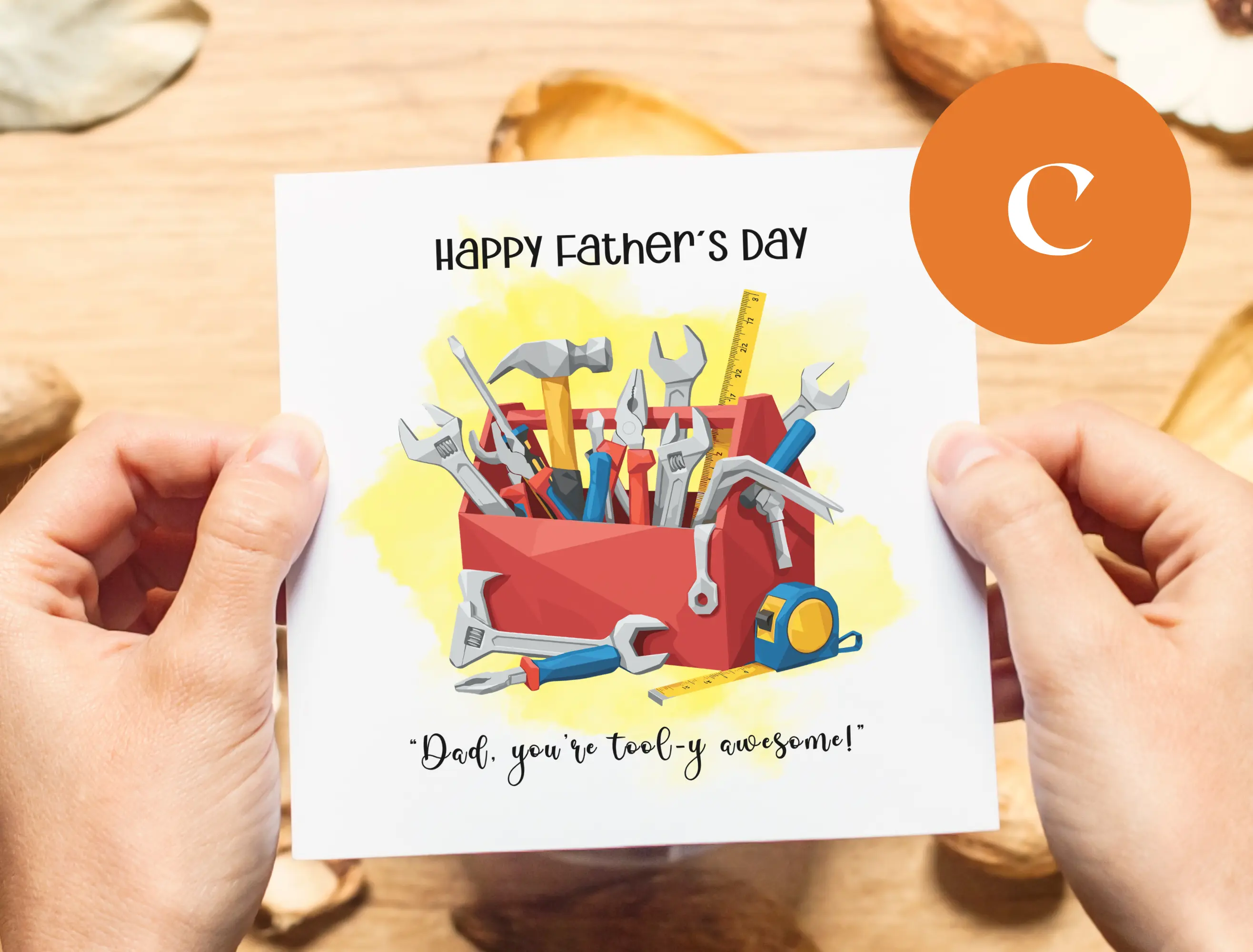 Happy fathers day greeting card tools pun hammer saw toolbox