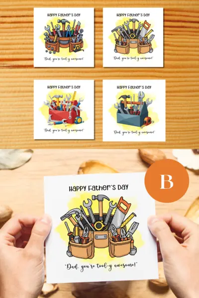Happy fathers day greeting card tools pun hammer saw toolbox