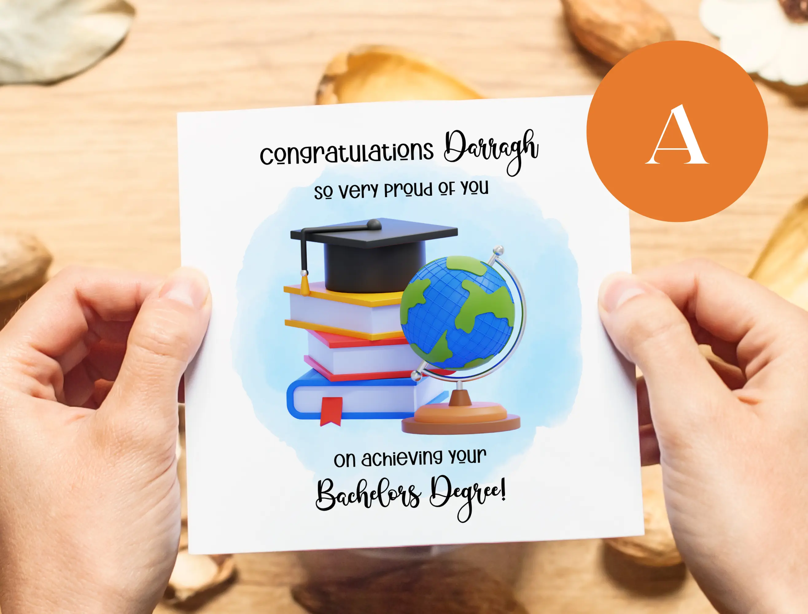 Personalised son nephew graduation card hat books globe