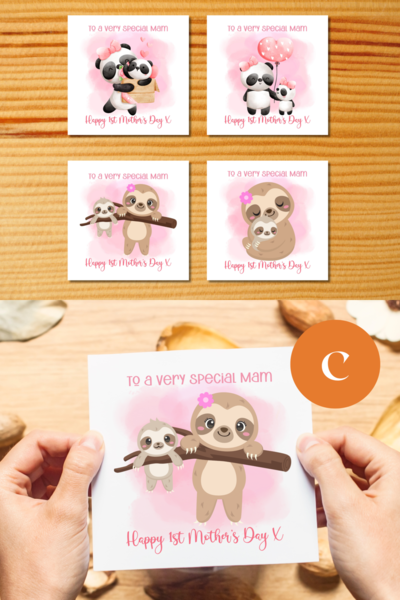 First mothers day card special mam cute panda cub sloth with baby