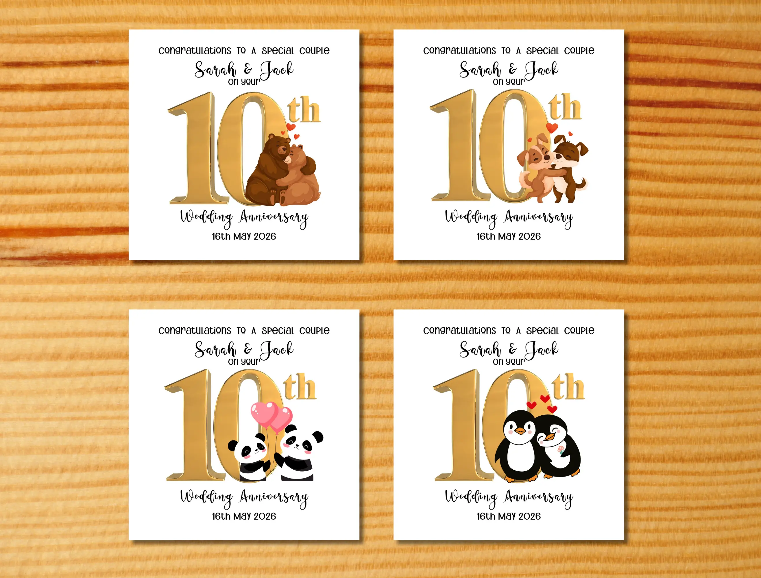 Custom anniversary card for couple 10 years married bear dog panda