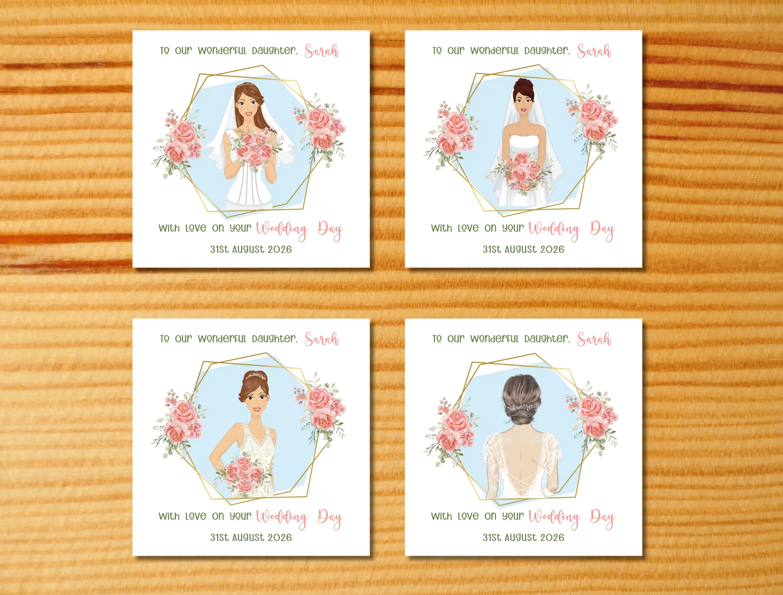 Custom illustrated wedding card daughter brunette brown hair from parents