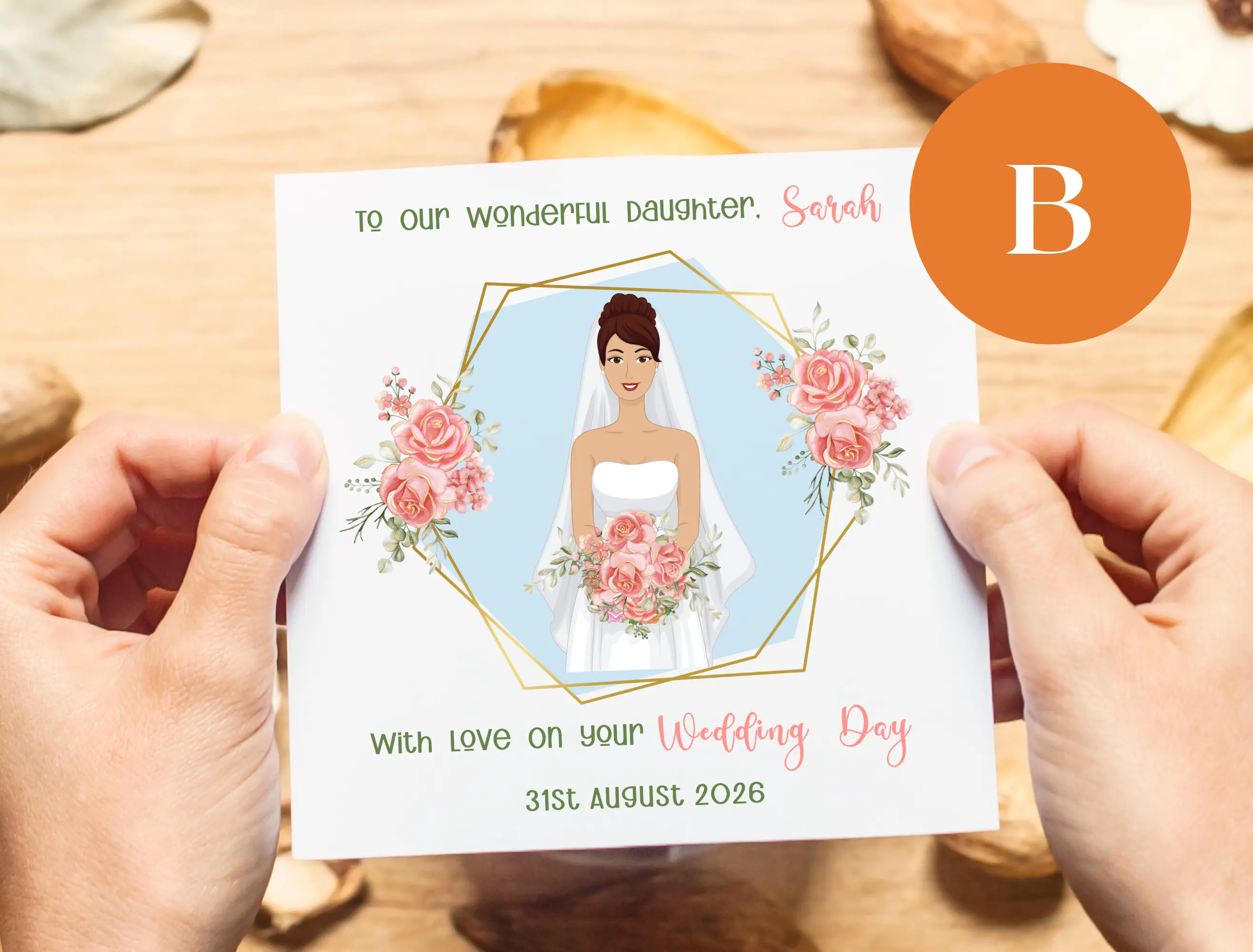 Custom illustrated wedding card daughter brunette brown hair from parents