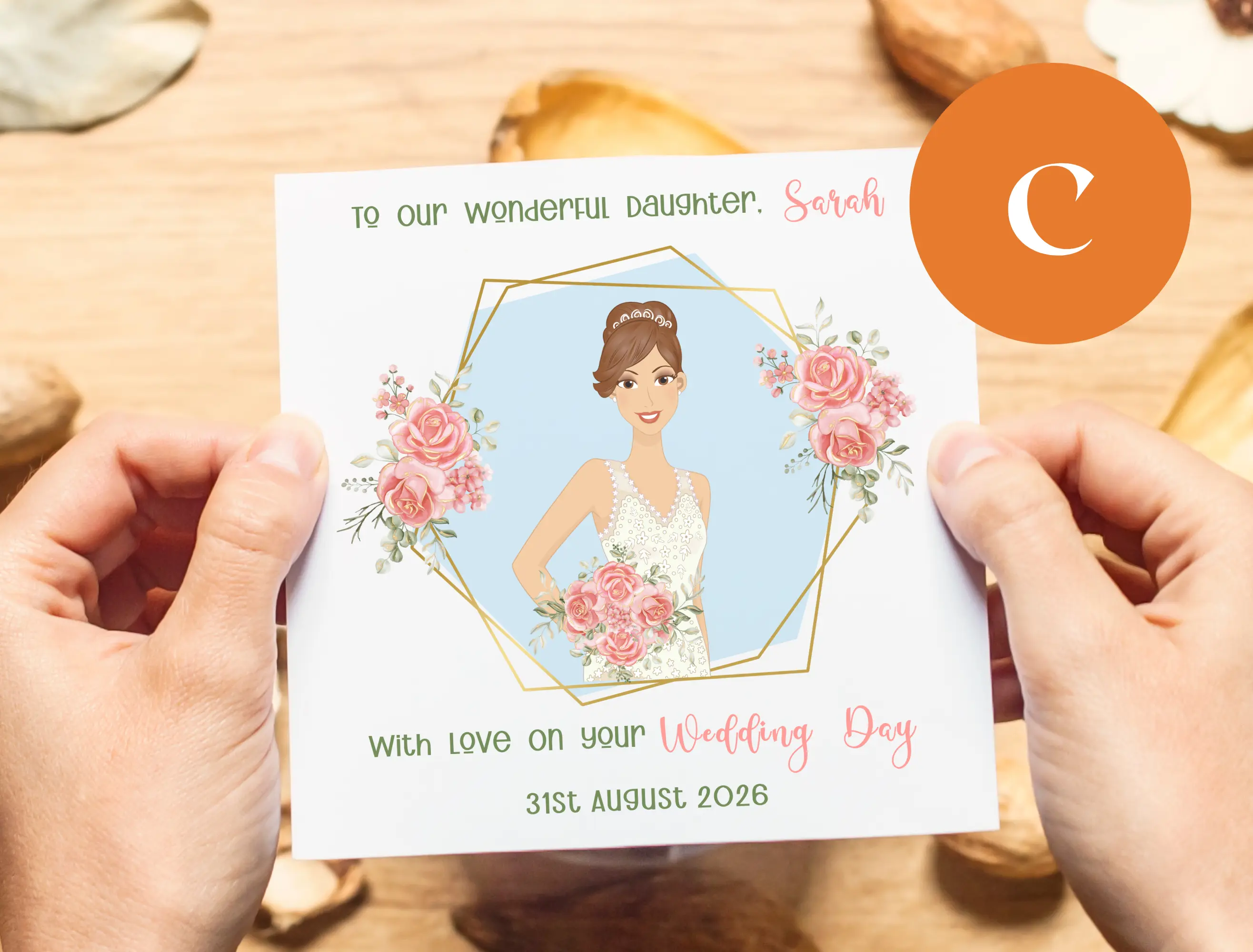 Custom illustrated wedding card daughter brunette brown hair from parents