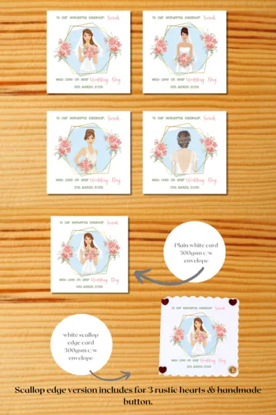 Custom illustrated wedding card daughter brunette brown hair from parents