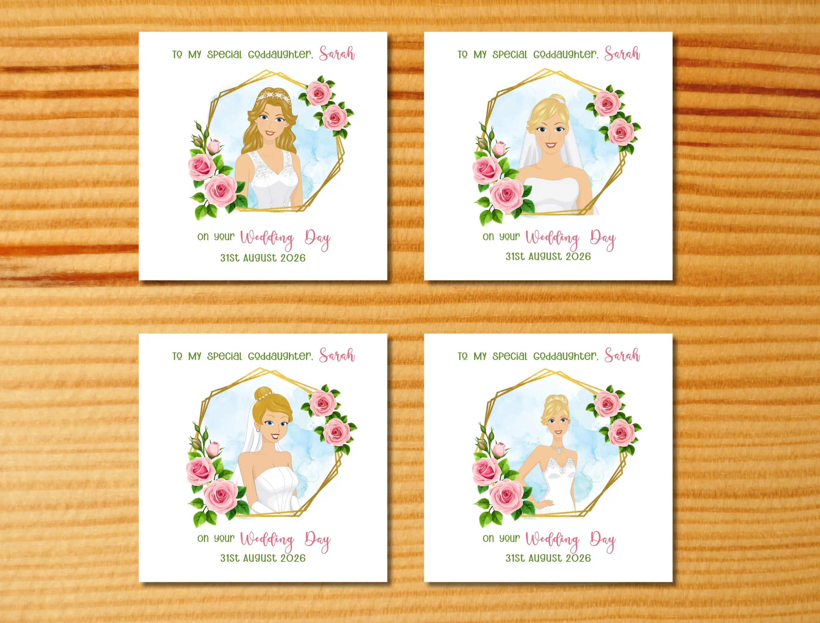 Custom illustrated wedding card for goddaughter personalised blonde bride