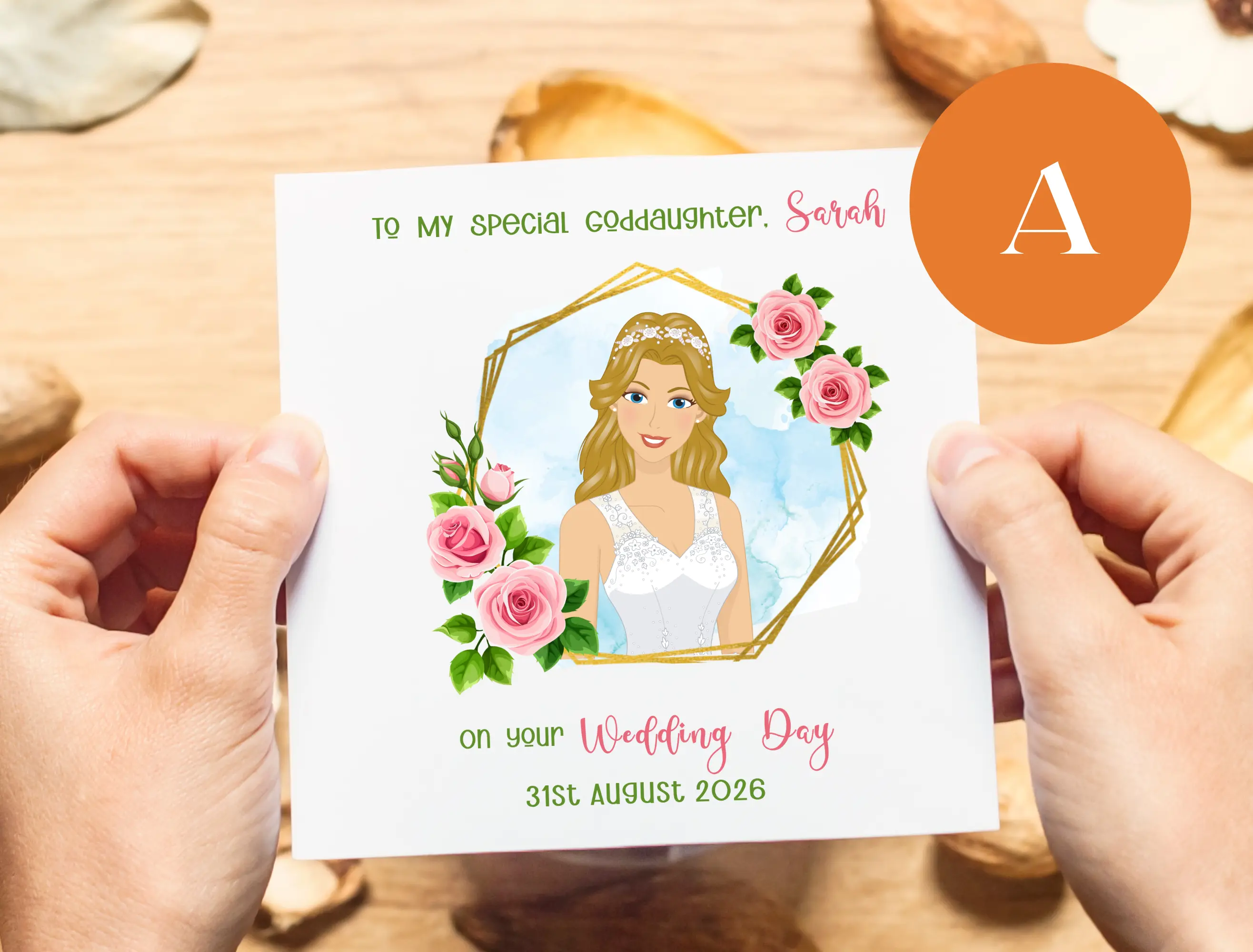 Custom illustrated wedding card for goddaughter personalised blonde bride