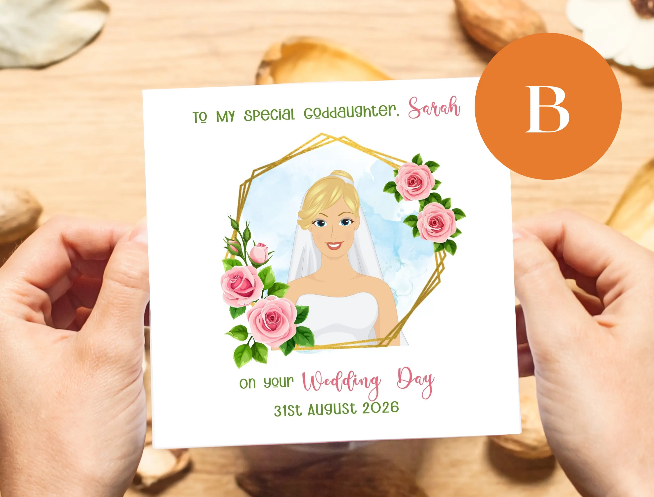 Custom illustrated wedding card for goddaughter personalised blonde bride