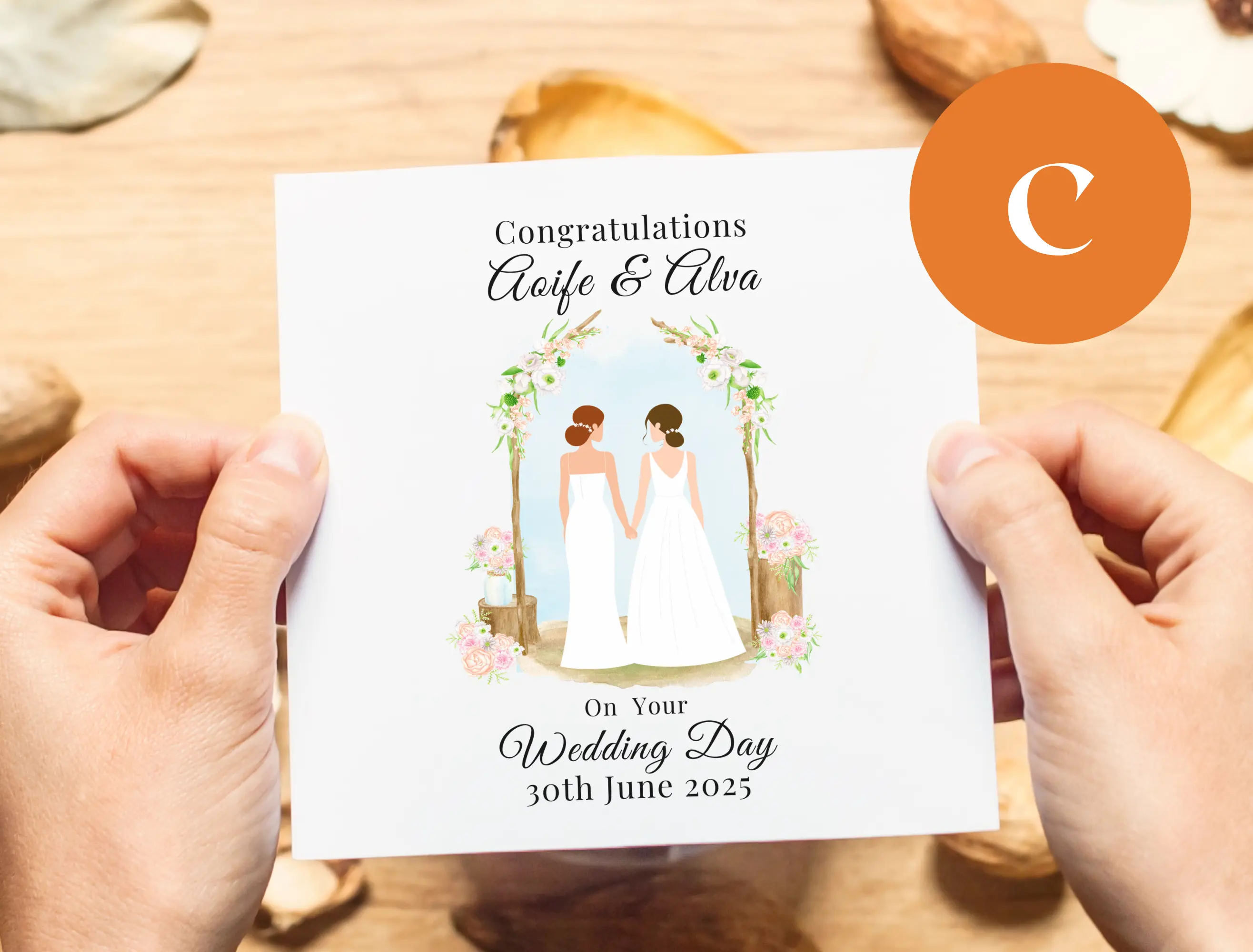 Floral lesbian wedding card with two brides