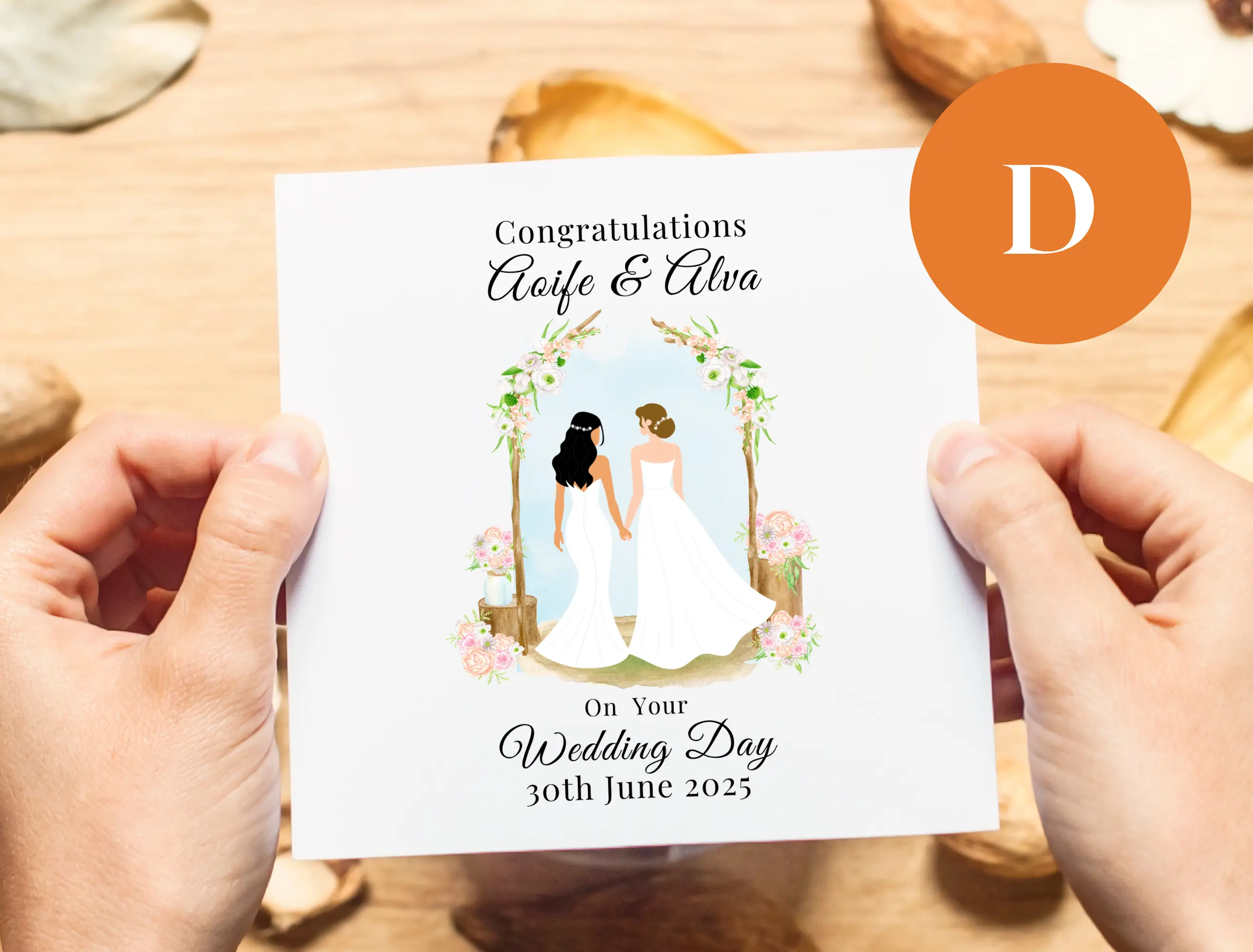 Floral lesbian wedding card with two brides