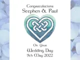 Gay wedding day card in English or Irish language with Celtic blue heart
