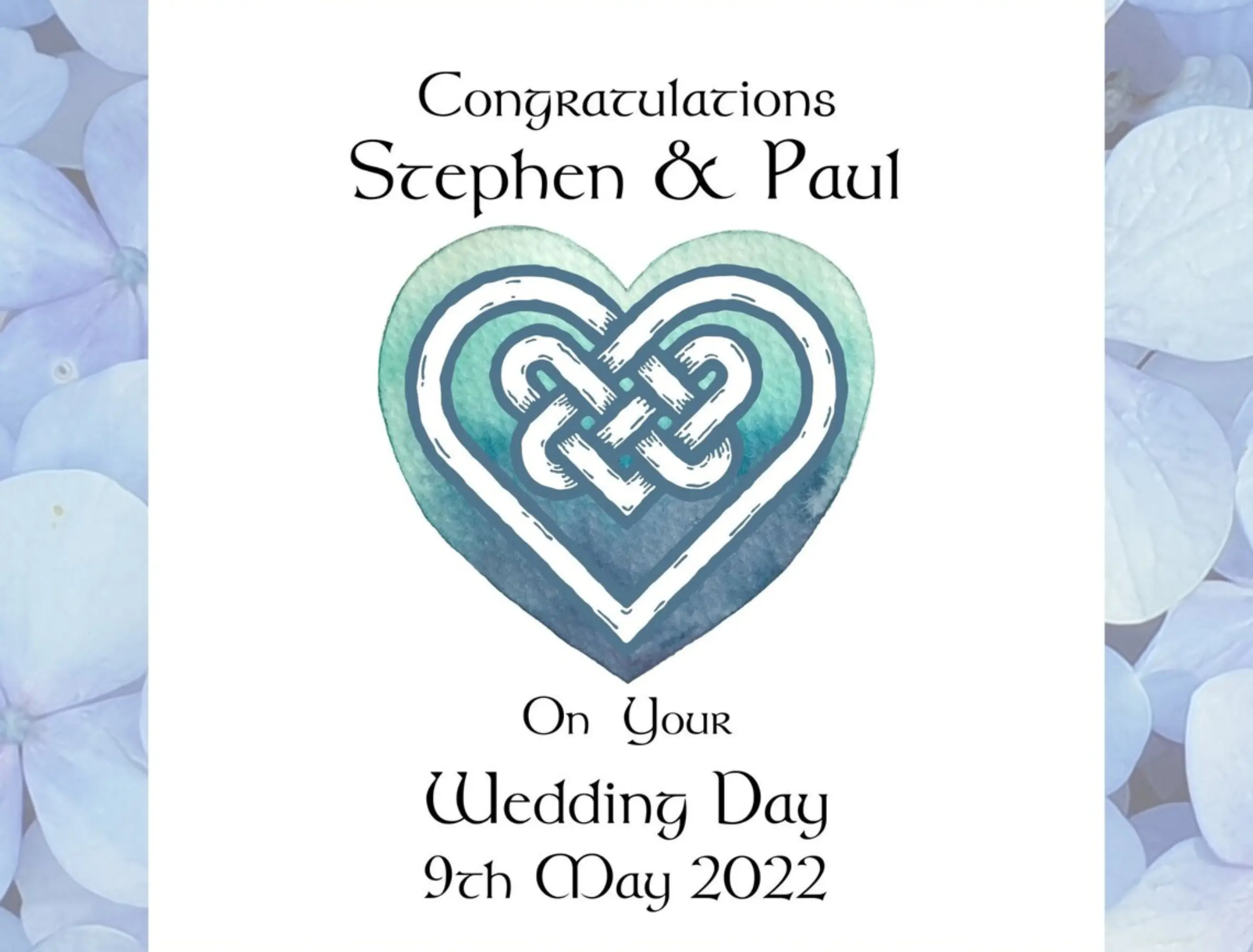 Gay wedding day card in English or Irish language with Celtic blue heart