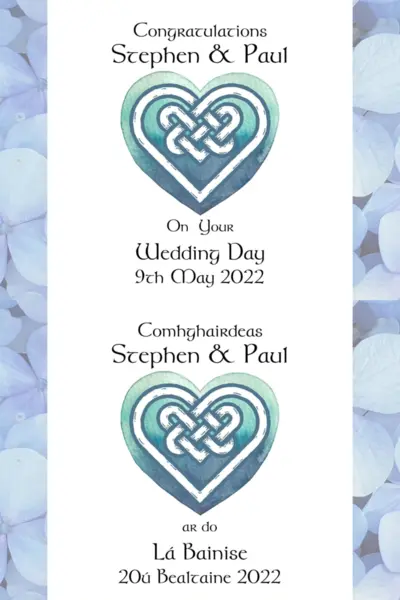 Gay wedding day card in English or Irish language with Celtic blue heart