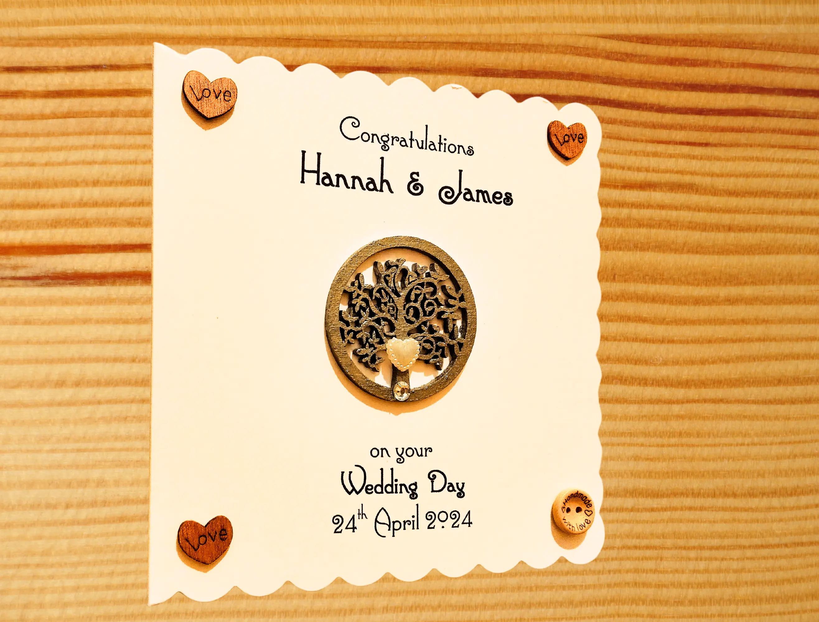 Personalised tree of life wedding card rustic hearts