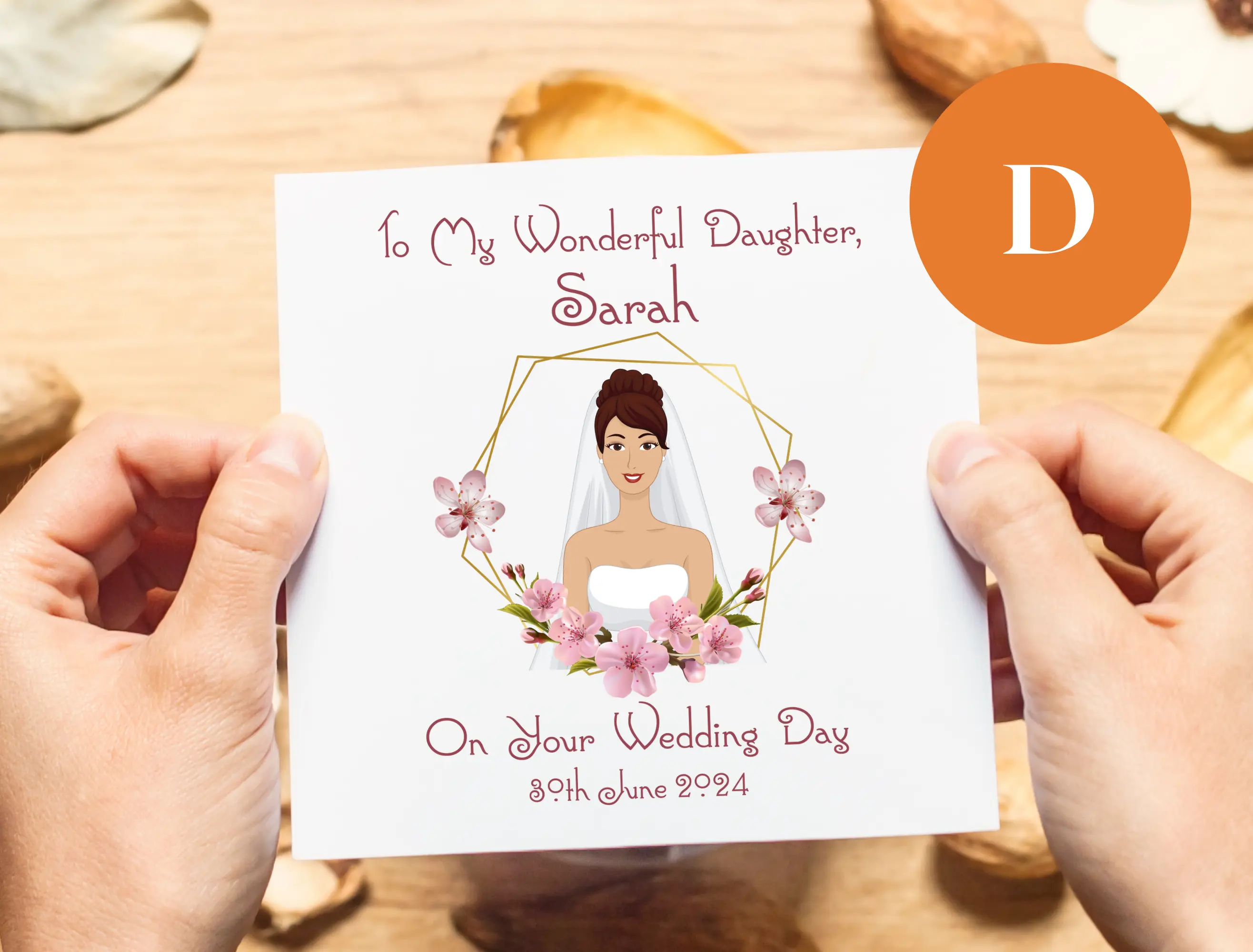 Personalised wedding card for daughter with brown hair romantic card