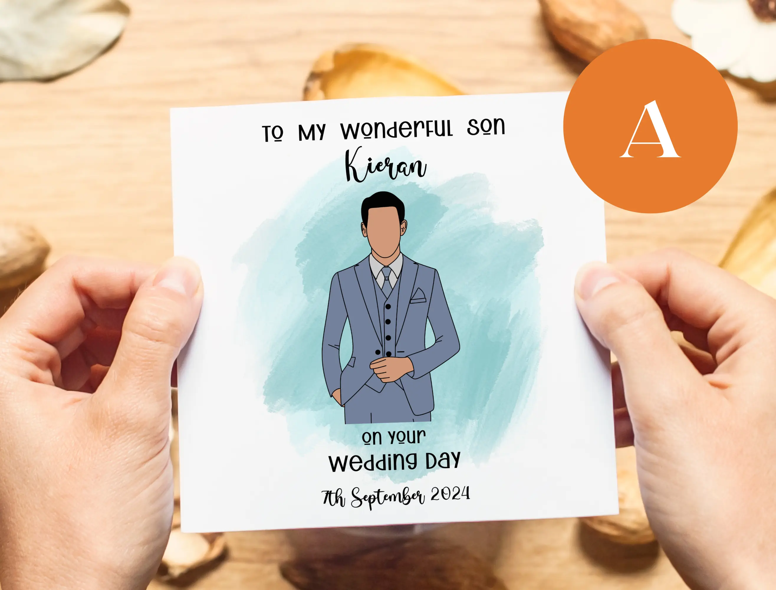 Personalised wedding card for son with suits