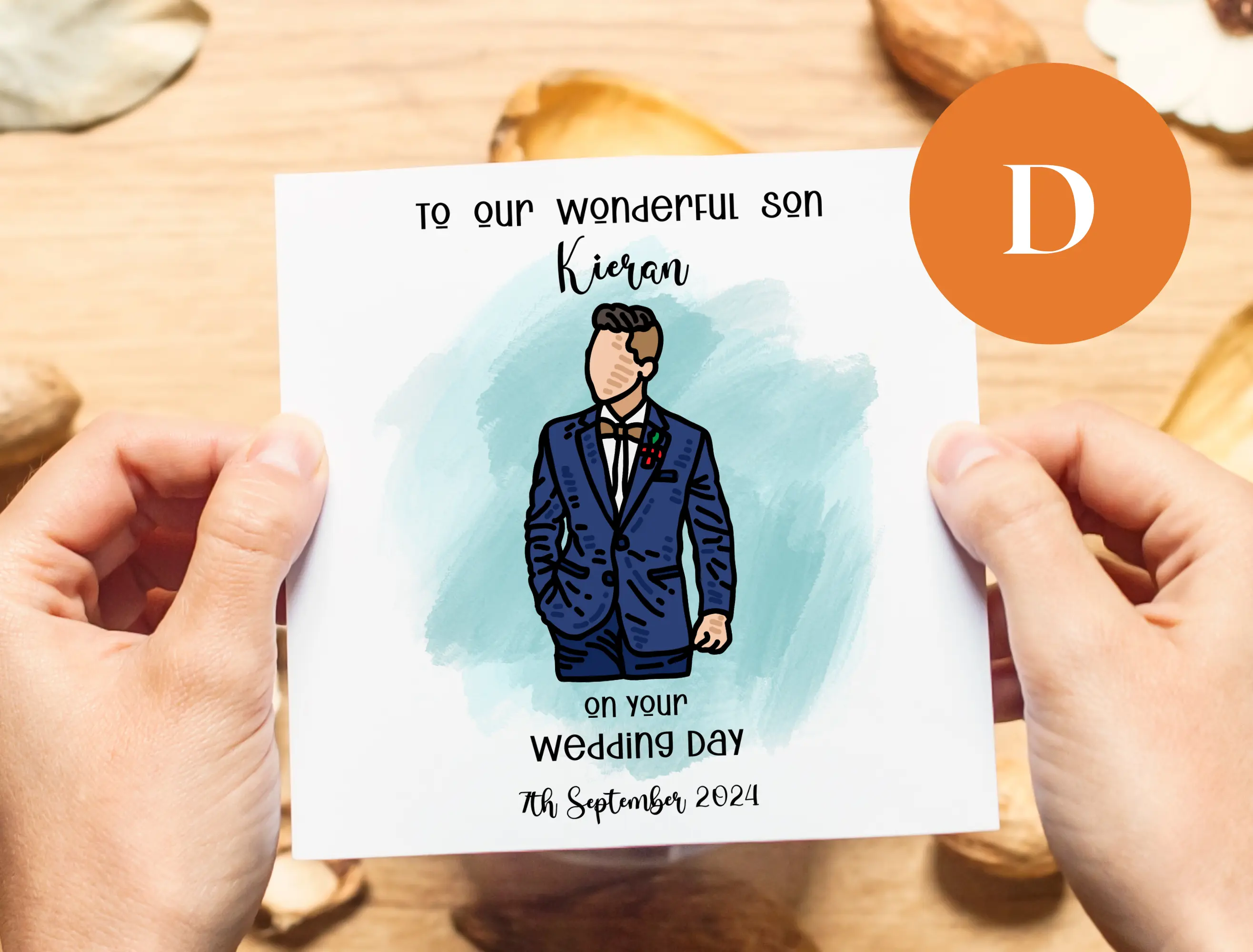 Personalised wedding card for son with suits