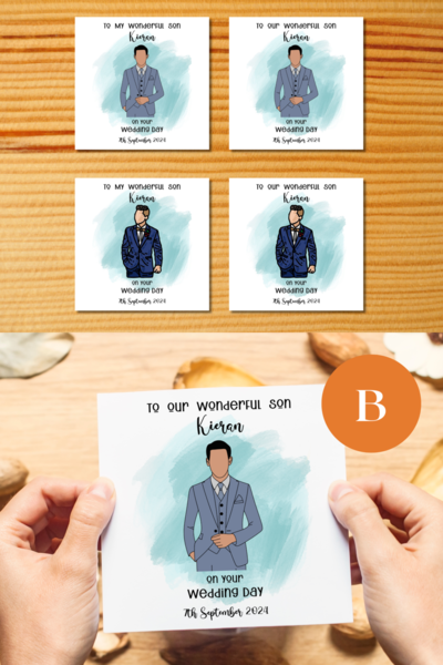 Personalised wedding card for son with suits