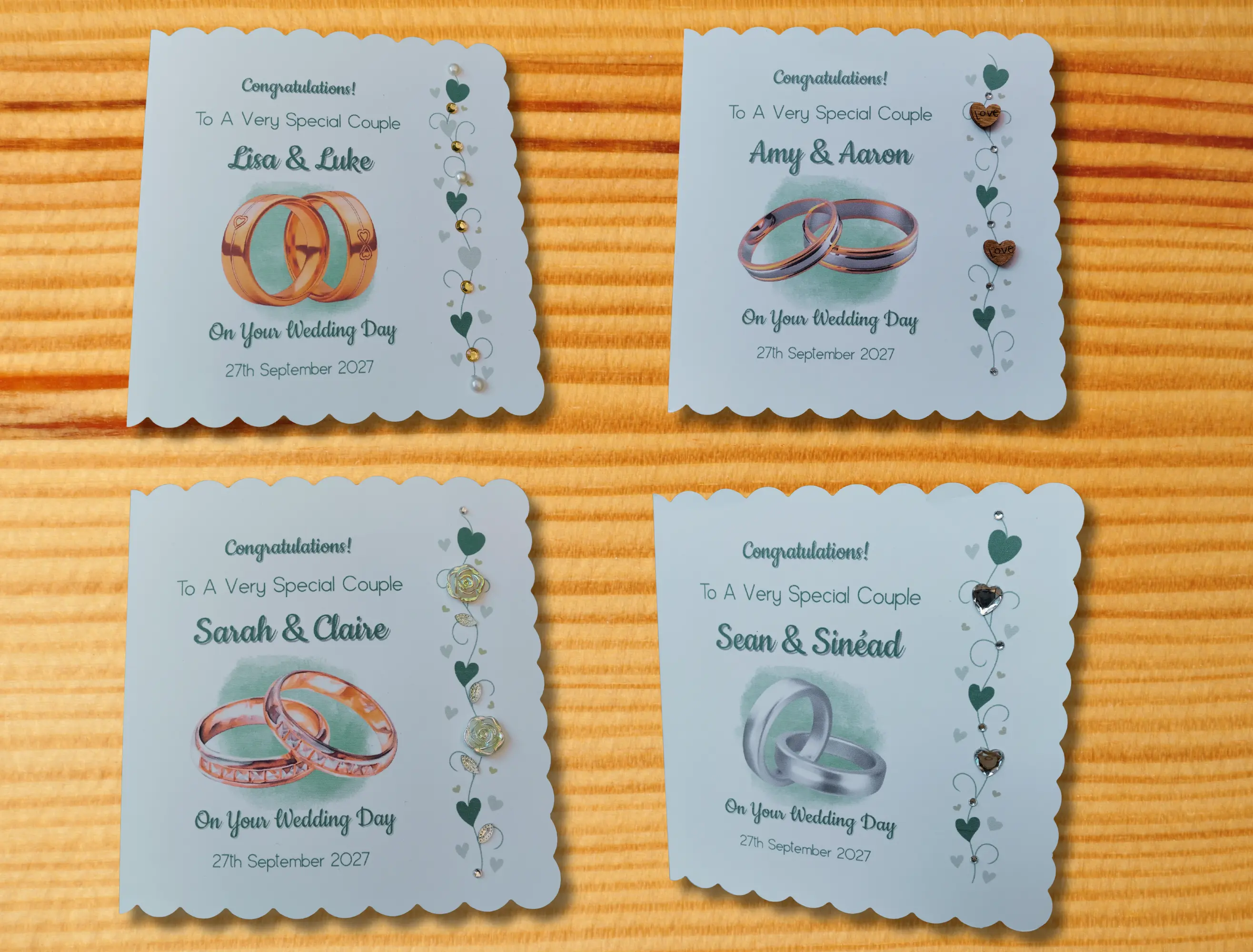 Personalised wedding card gold silver romantic rings