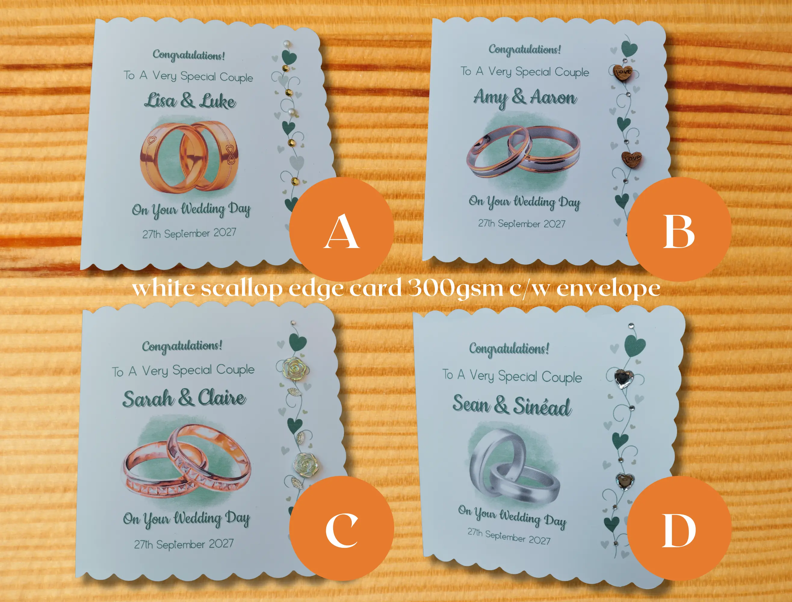 Personalised wedding card gold silver romantic rings