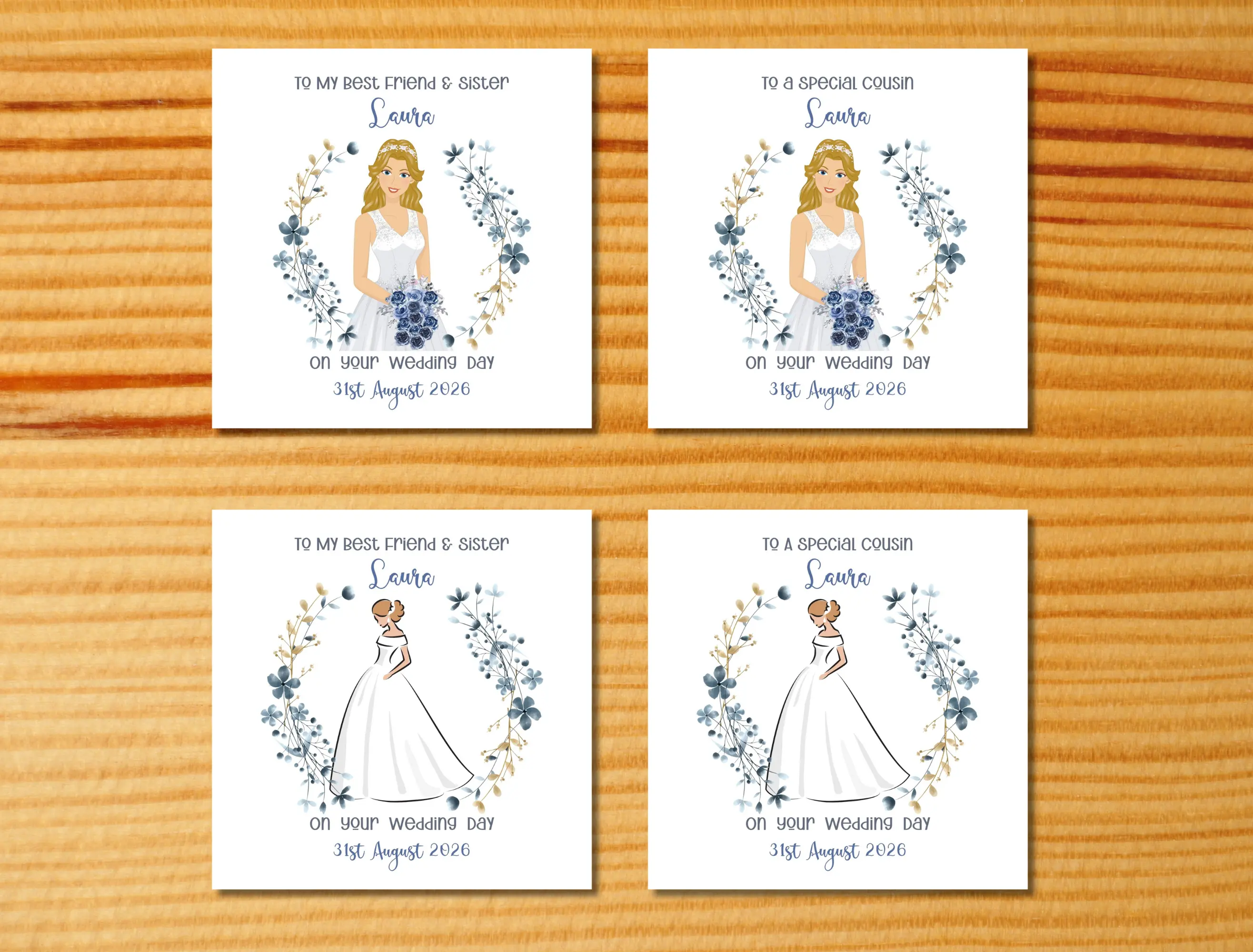 Personalised wedding card sister best friend cousin elegant blue floral