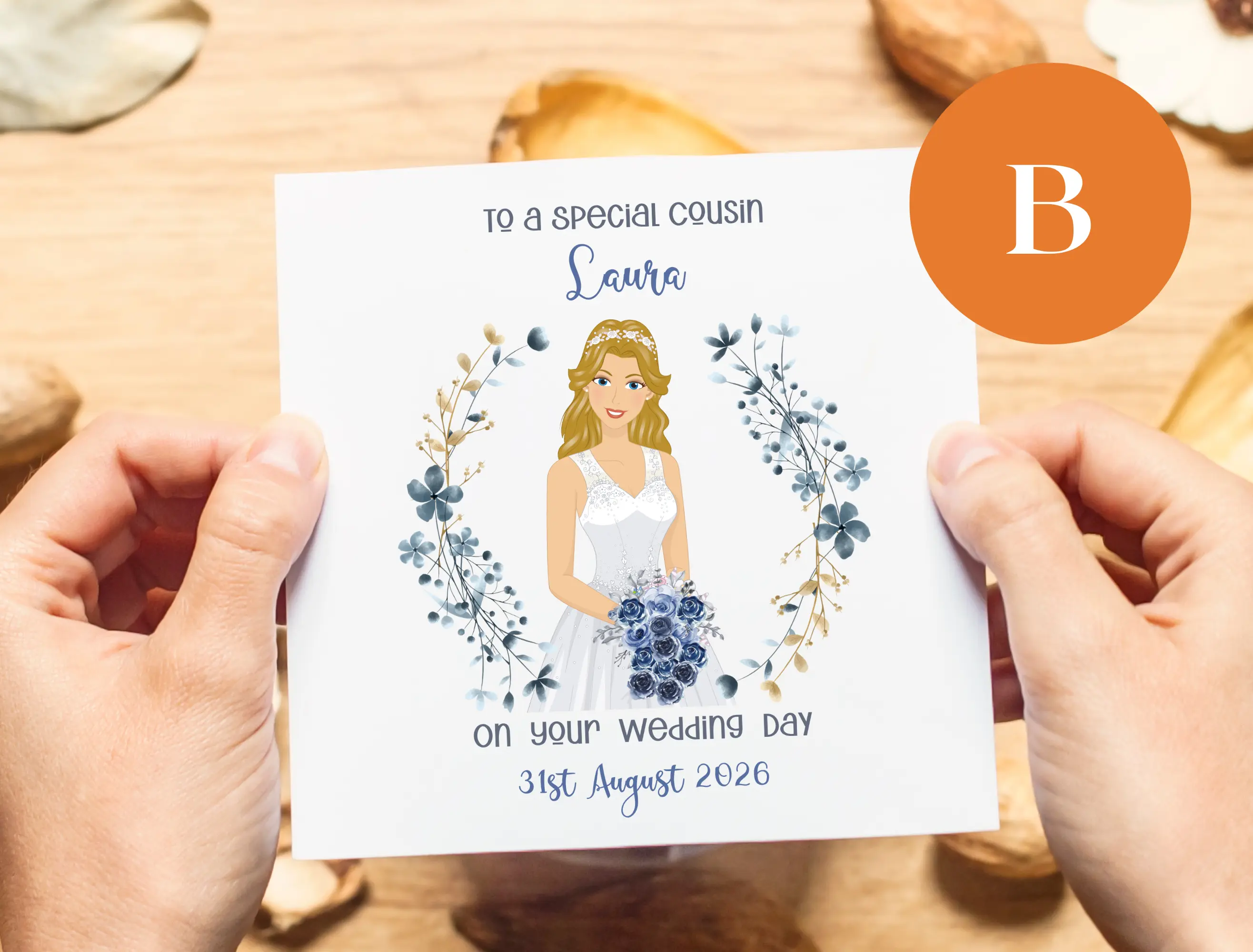 Personalised wedding card sister best friend cousin elegant blue floral