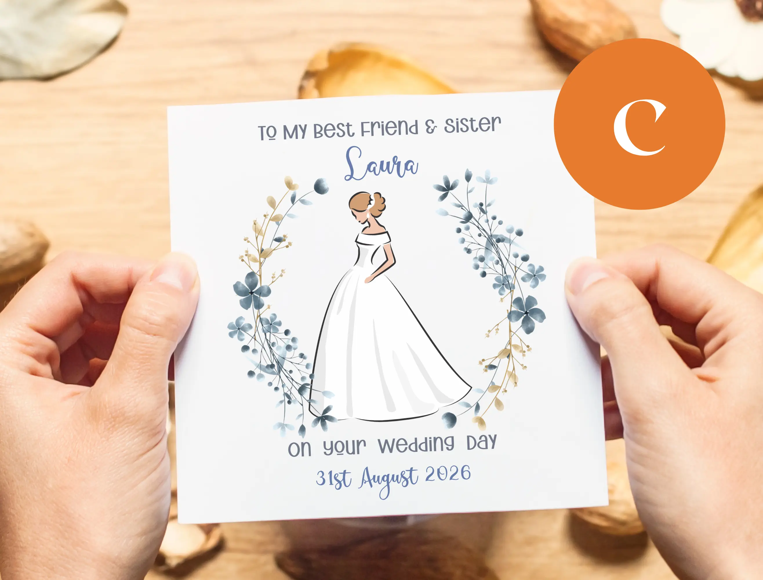 Personalised wedding card sister best friend cousin elegant blue floral