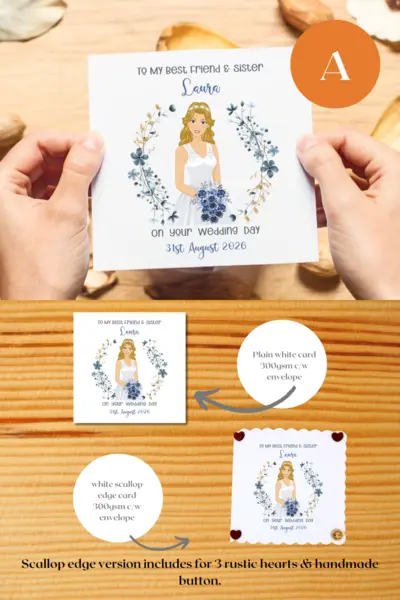 Personalised wedding card sister best friend cousin elegant blue floral